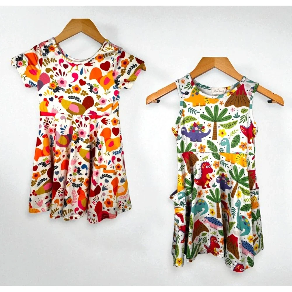 Marie Nicole Girls Dress Lot of 2 Sz Lg/4 Spring Summer Multicolor Rooster‎ Dino